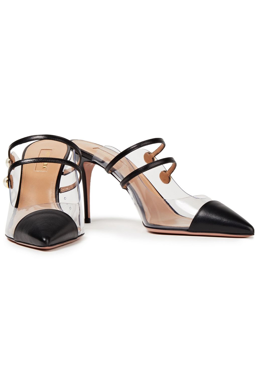 AQUAZZURA Oz 85 faux pearl-embellished leather and PVC mules