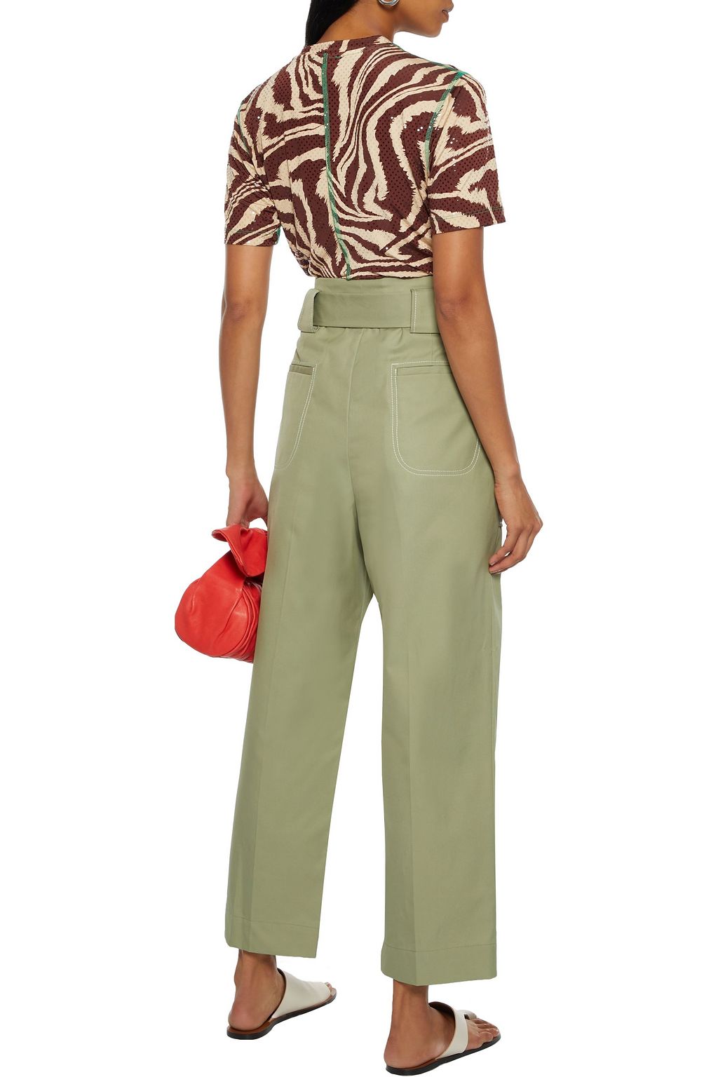 SANDRO Cropped belted pleated cotton-twill straight-leg pants