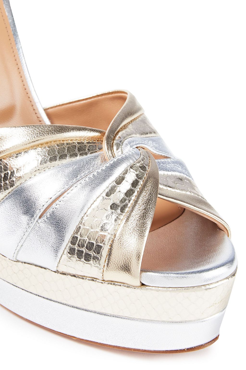 AQUAZZURA La Di Da 130 metallic smooth and snake-effect leather platform sandals