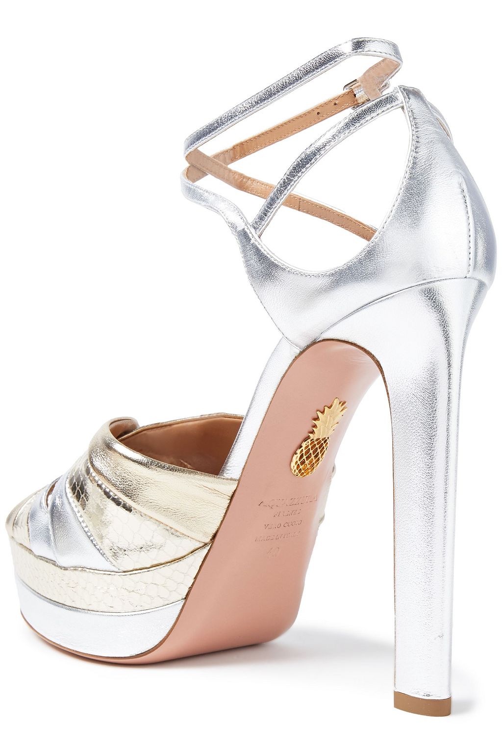 AQUAZZURA La Di Da 130 metallic smooth and snake-effect leather platform sandals