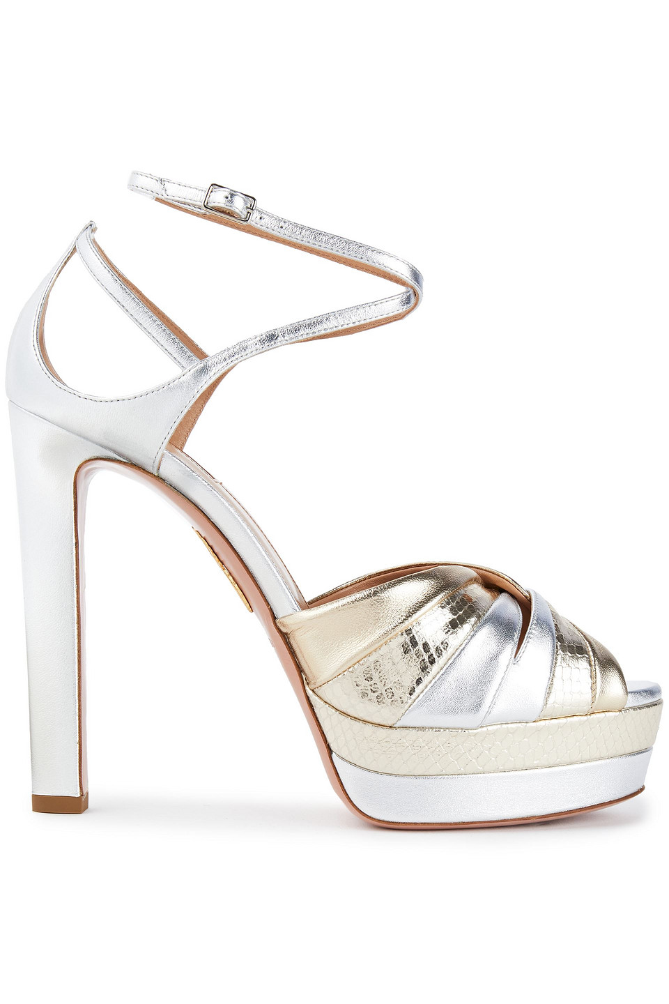 Aquazzura Woman La Di Da 130 Metallic Smooth And Snake-effect Leather Platform Sandals Silver Size 37