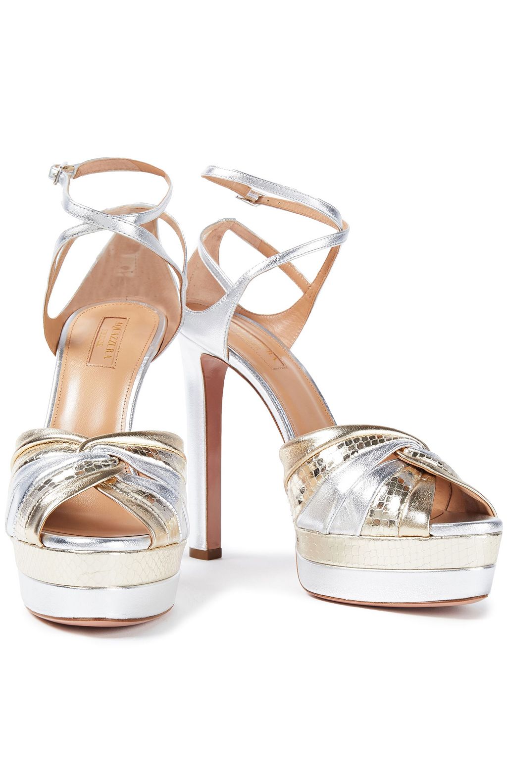 AQUAZZURA La Di Da 130 metallic smooth and snake-effect leather platform sandals