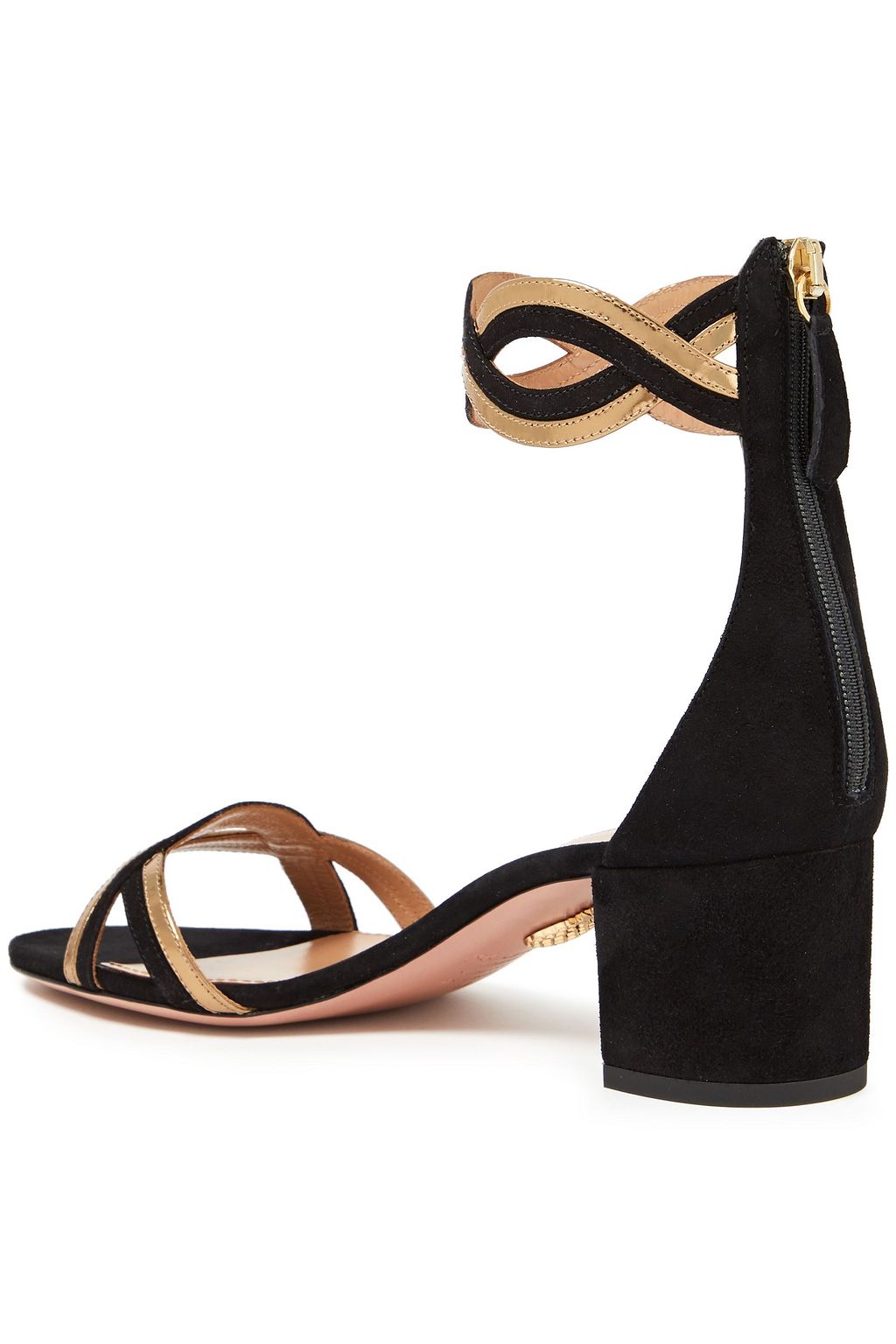 AQUAZZURA Moon Ray 50 cutout metallic leather-trimmed suede sandals