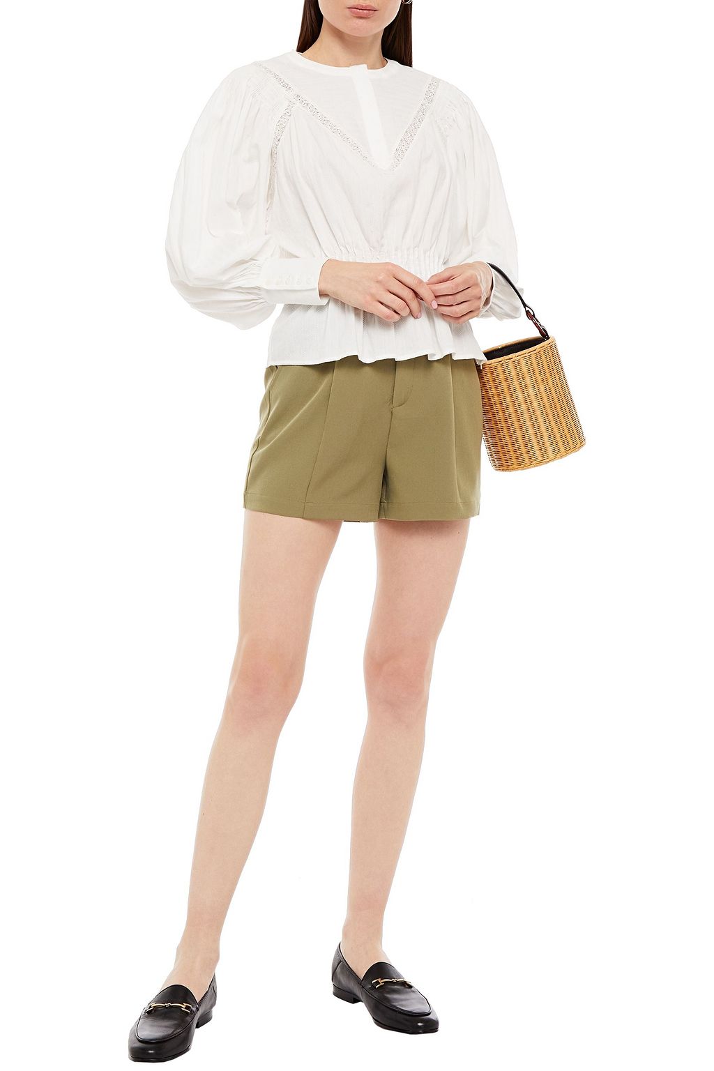 MAJE Lace-trimmed shirred cotton blouse