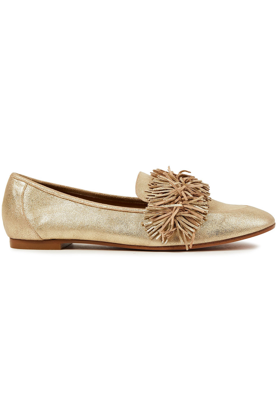 Aquazzura Woman Wild Thing Fringed Metallic Suede Loafers Gold Size 37.5