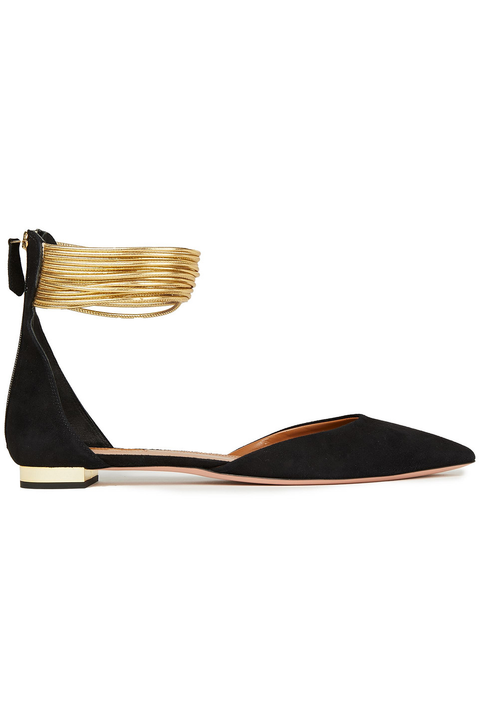 Aquazzura Woman Hello Lover Metallic Leather-trimmed Suede Point-toe Flats Black Size 39