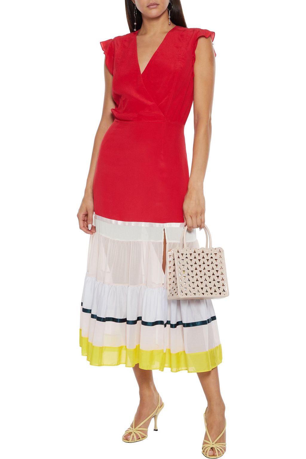 ALTUZARRA Tiered color-block georgette and crepe de chine midi dress