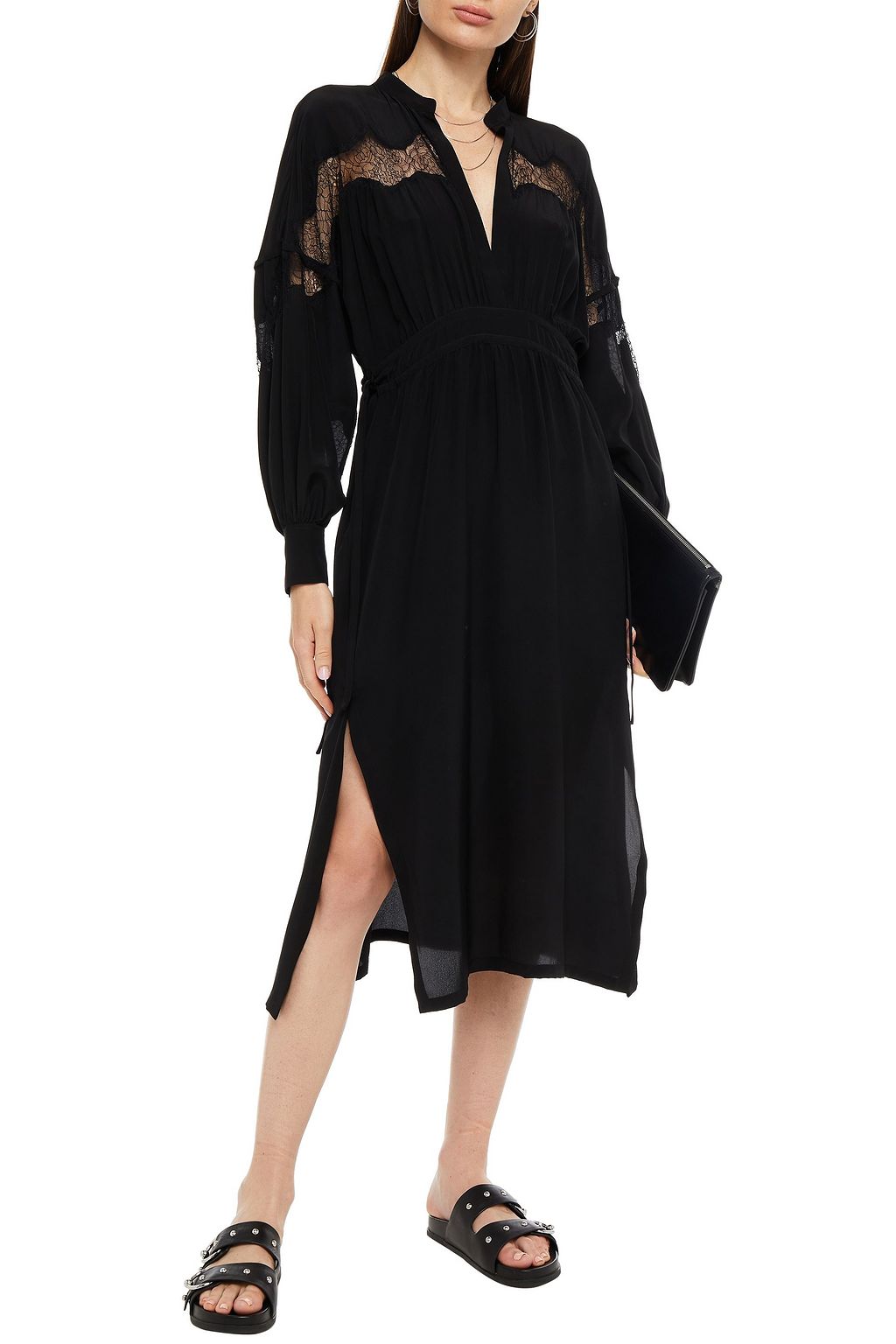 IRO Rijule lace-paneled silk crepe de chine midi dress