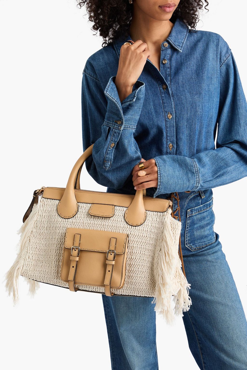 CHLOÉ Edith leather-trimmed fringed crochet tote