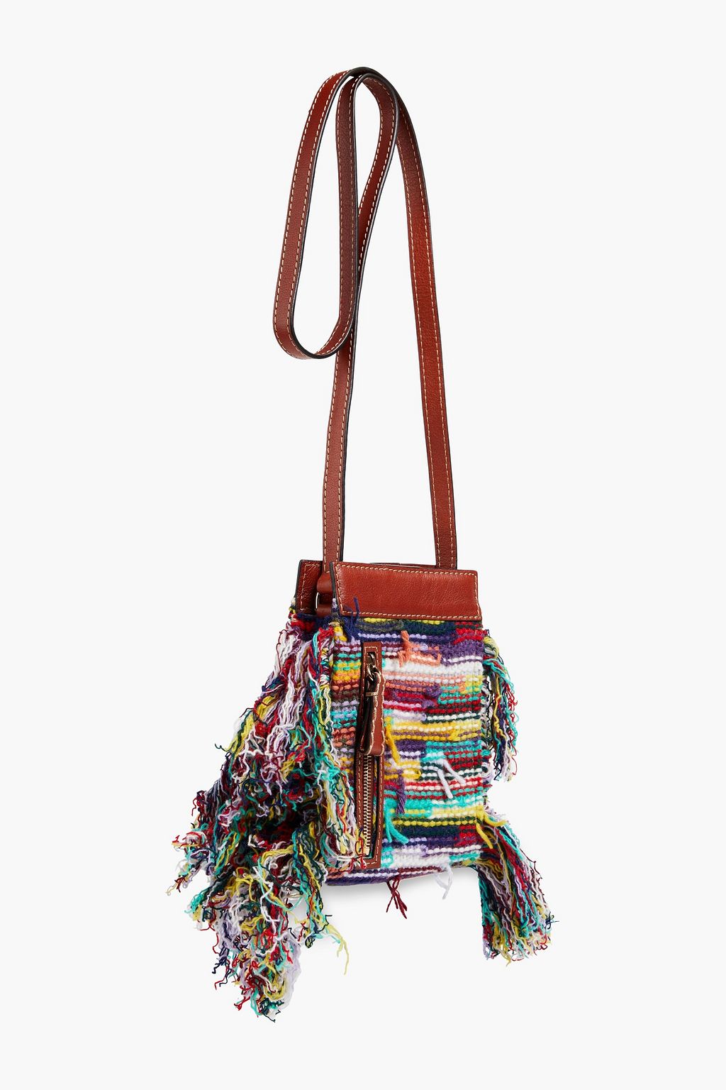 CHLOÉ Leather-trimmed fringed tweed phone pouch