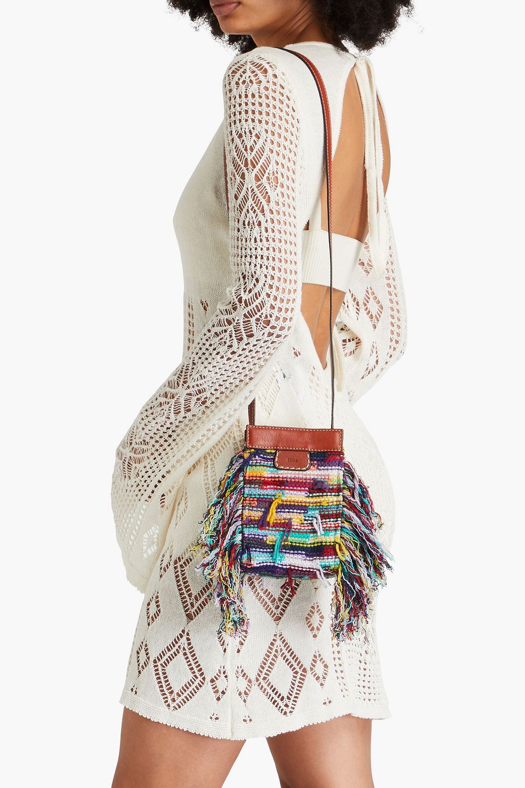 CHLOÉ Leather-trimmed fringed tweed phone pouch
