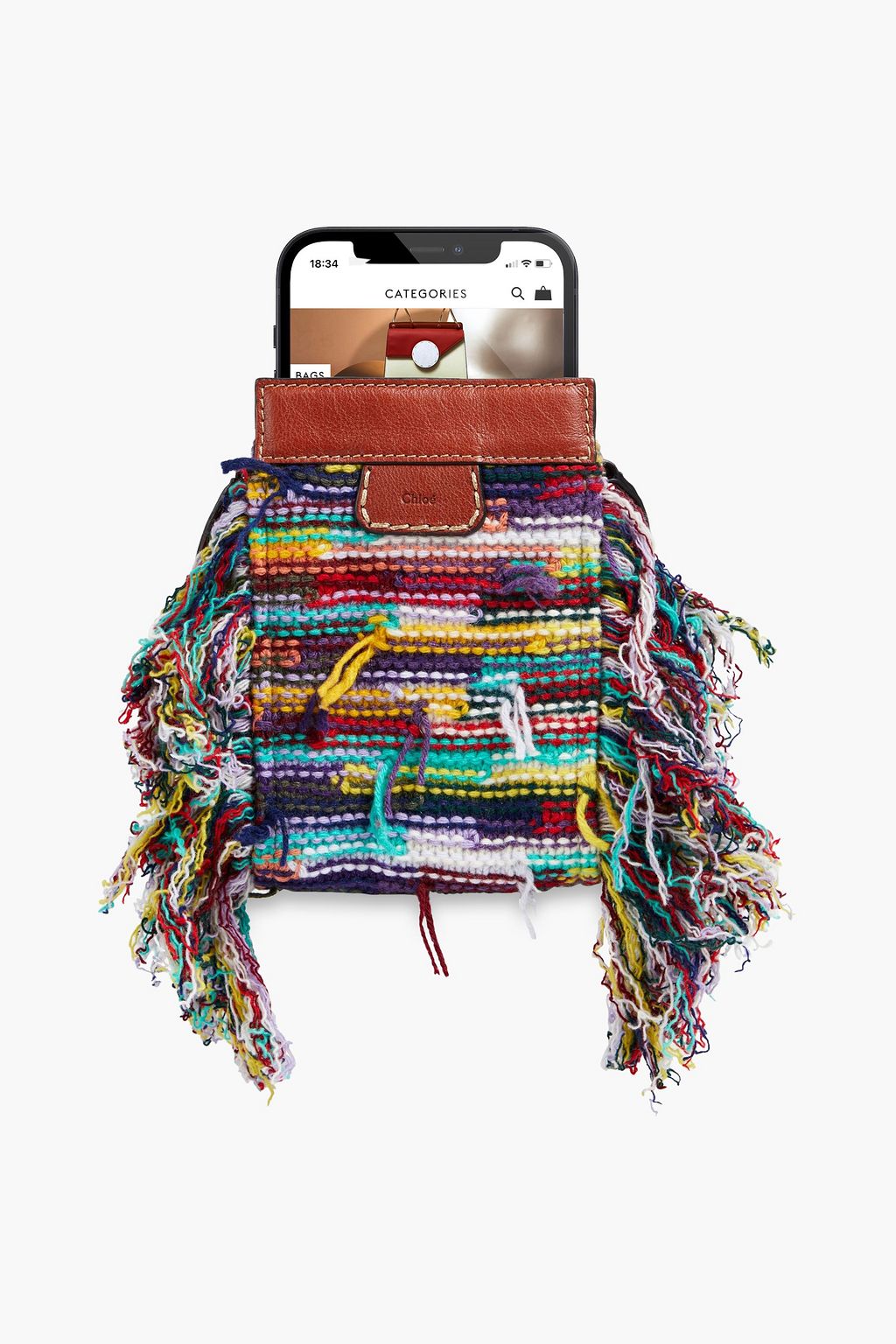 CHLOÉ Leather-trimmed fringed tweed phone pouch