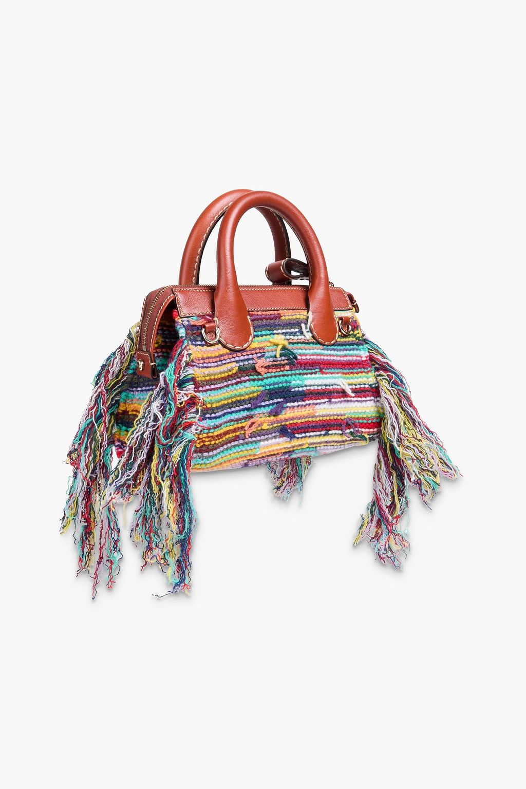 CHLOÉ Edith leather-trimmed fringed crochet tote
