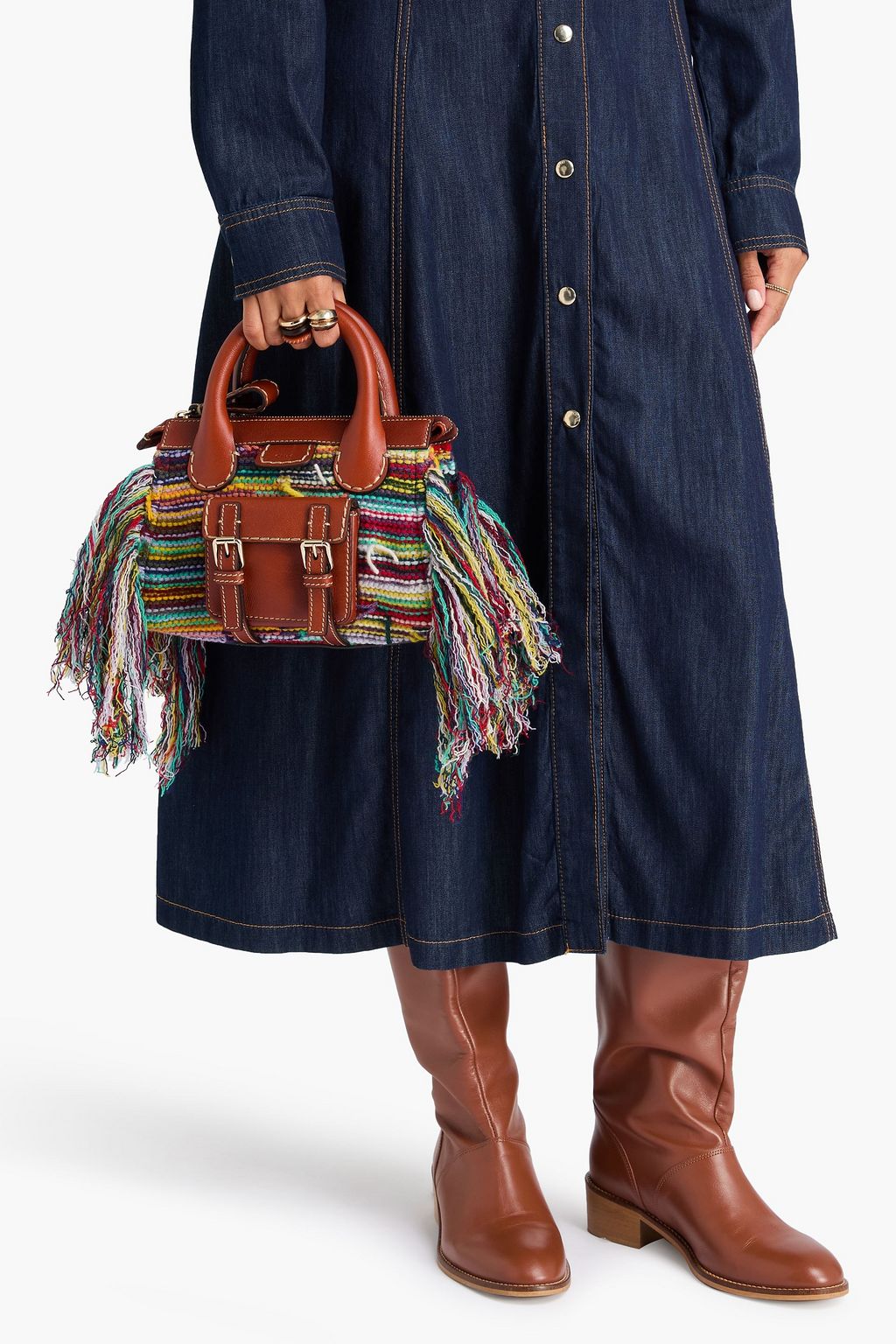 CHLOÉ Edith leather-trimmed fringed crochet tote