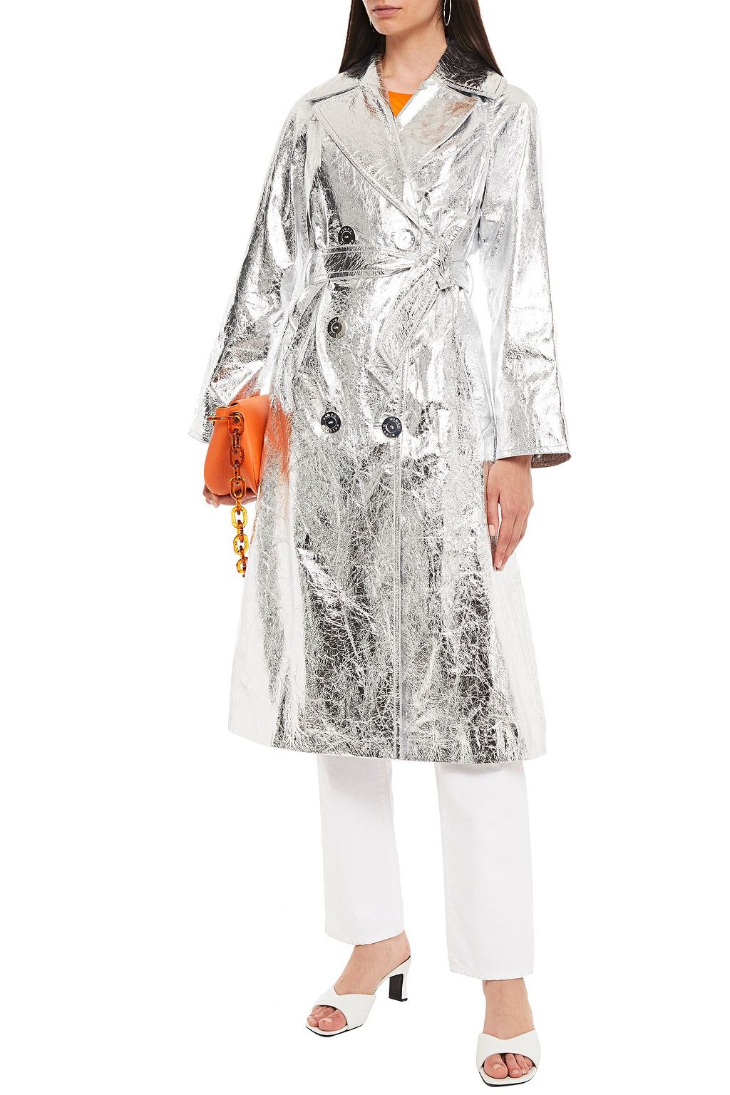 SIMON MILLER Double-breasted metallic crinkled-leather trench coat