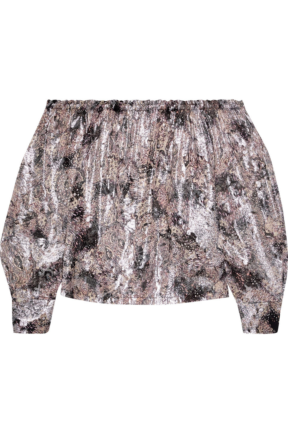 iro - tuireo off-the-shoulder printed fil coupé silk-blend top - metallic - fr 40