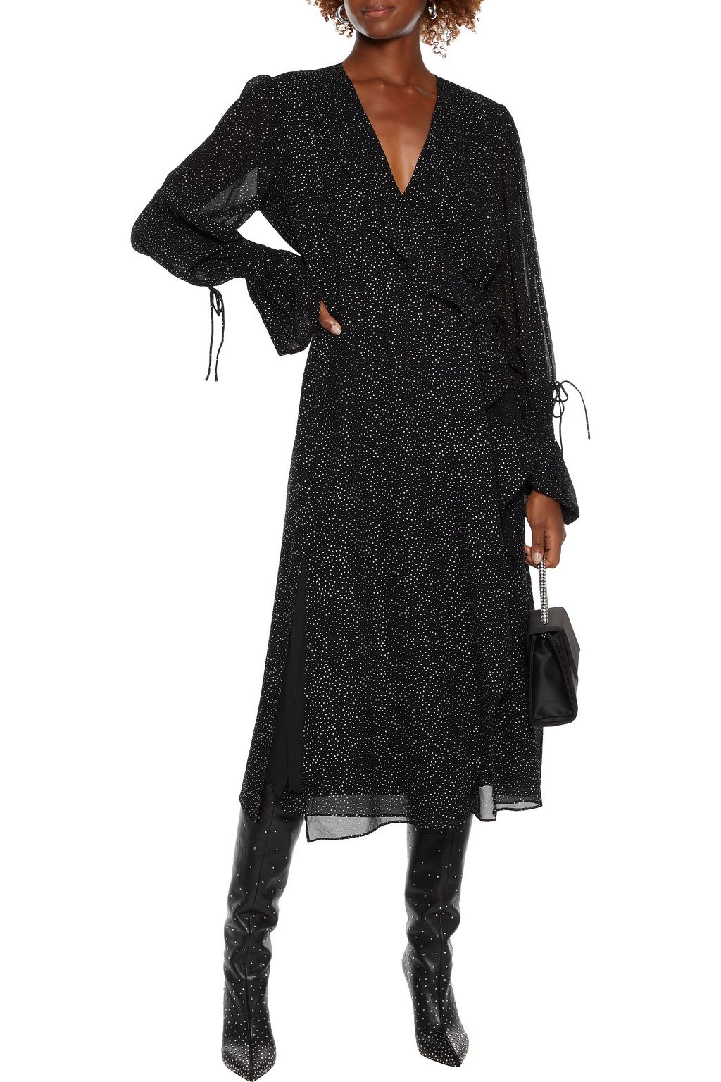 IRO Shark ruffle-trimmed glittered chiffon midi wrap dress