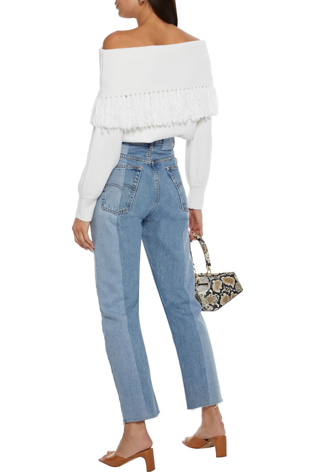 ALICE + OLIVIA Bardot off-the-shoulder fringed wool-blend sweater