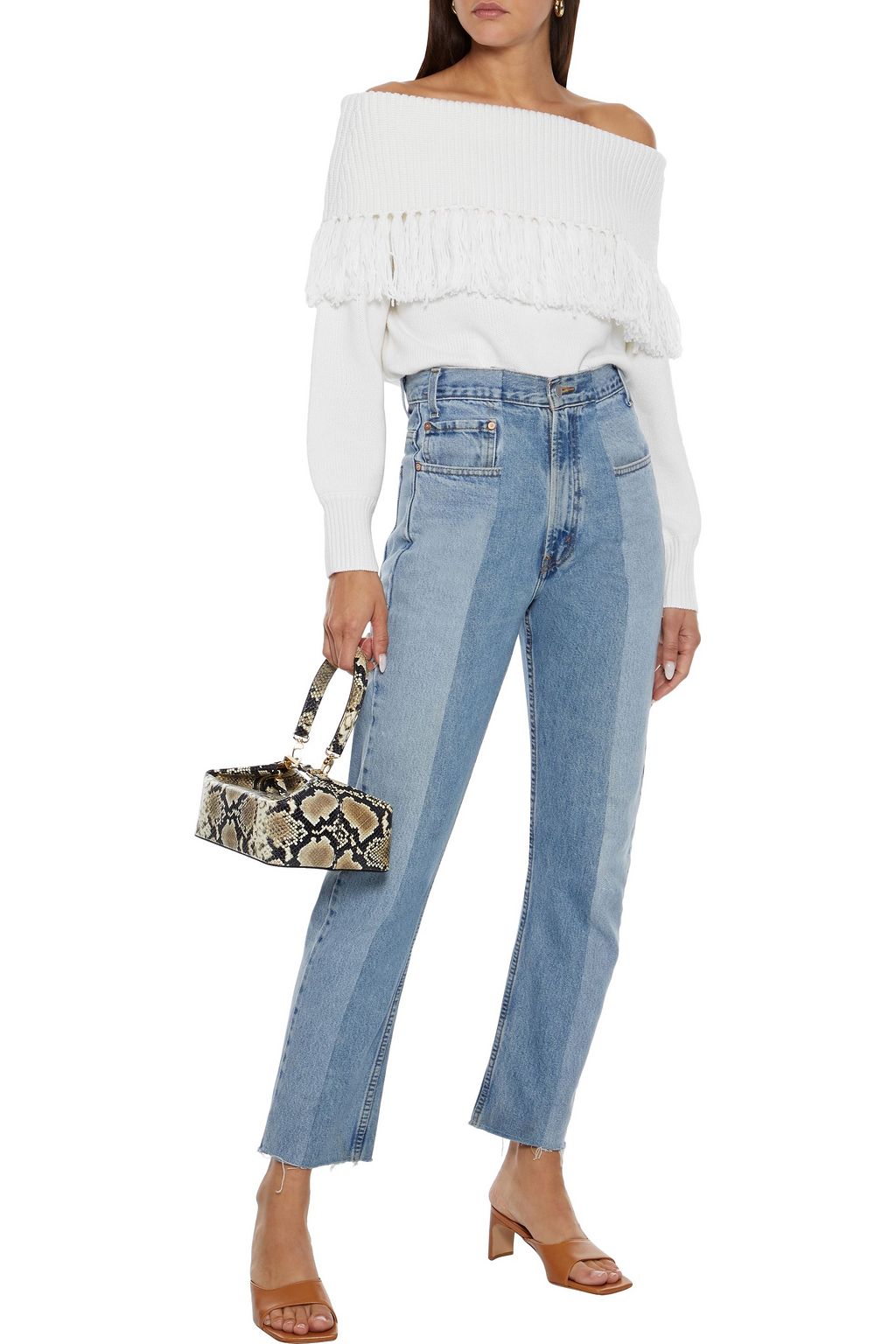 ALICE + OLIVIA Bardot off-the-shoulder fringed wool-blend sweater