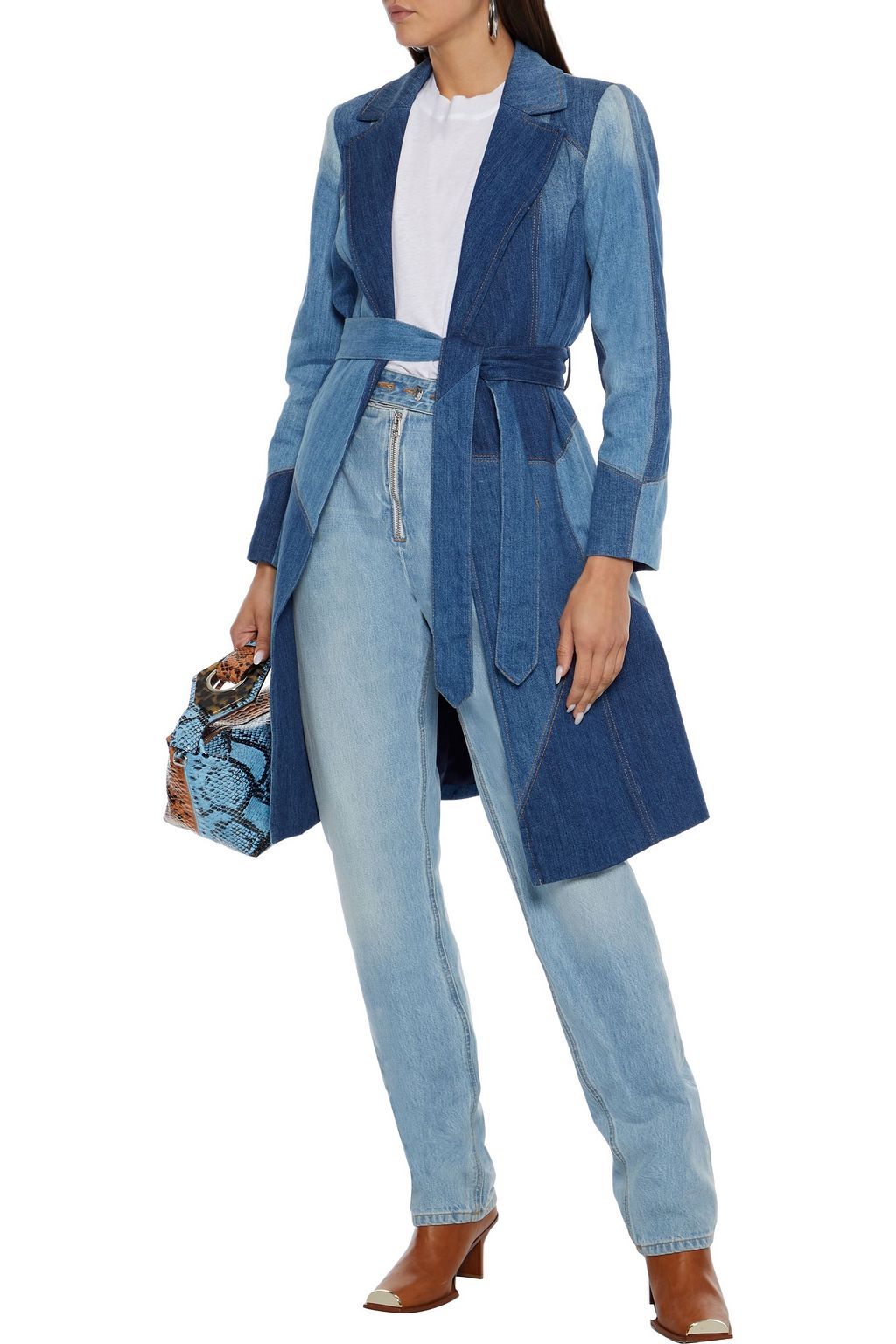 ALICE + OLIVIA Sydney patchwork denim trench coat