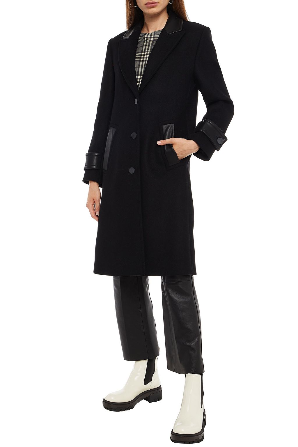 CLAUDIE PIERLOT Leather-trimmed wool-blend felt coat