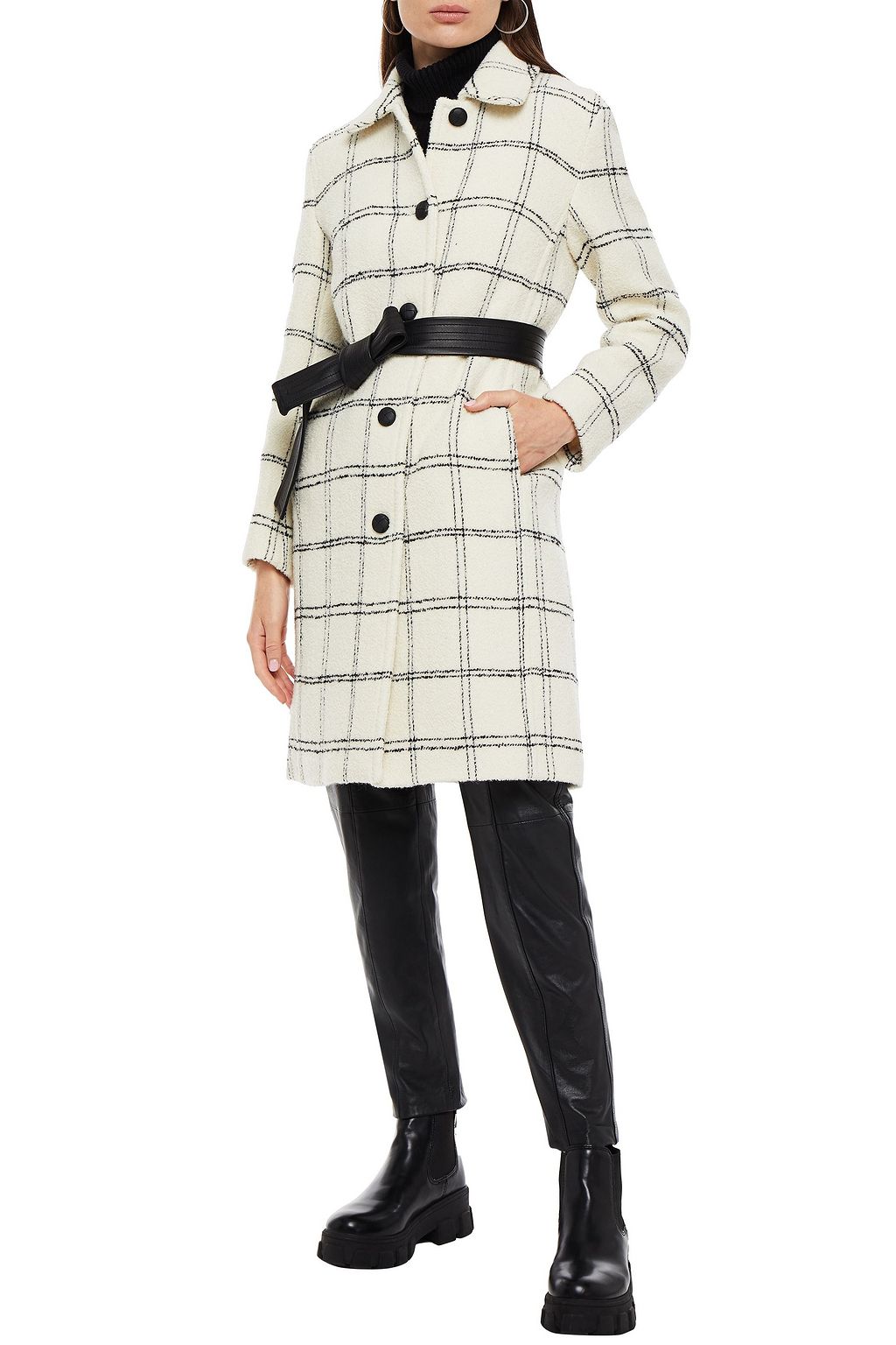 CLAUDIE PIERLOT Belted checked wool-blend bouclé-tweed coat