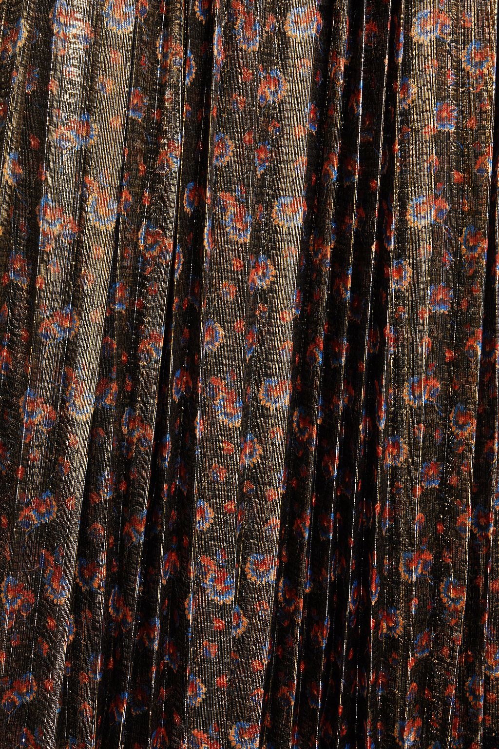 COACH Lace-trimmed pleated floral-print silk-blend lamé midi skirt