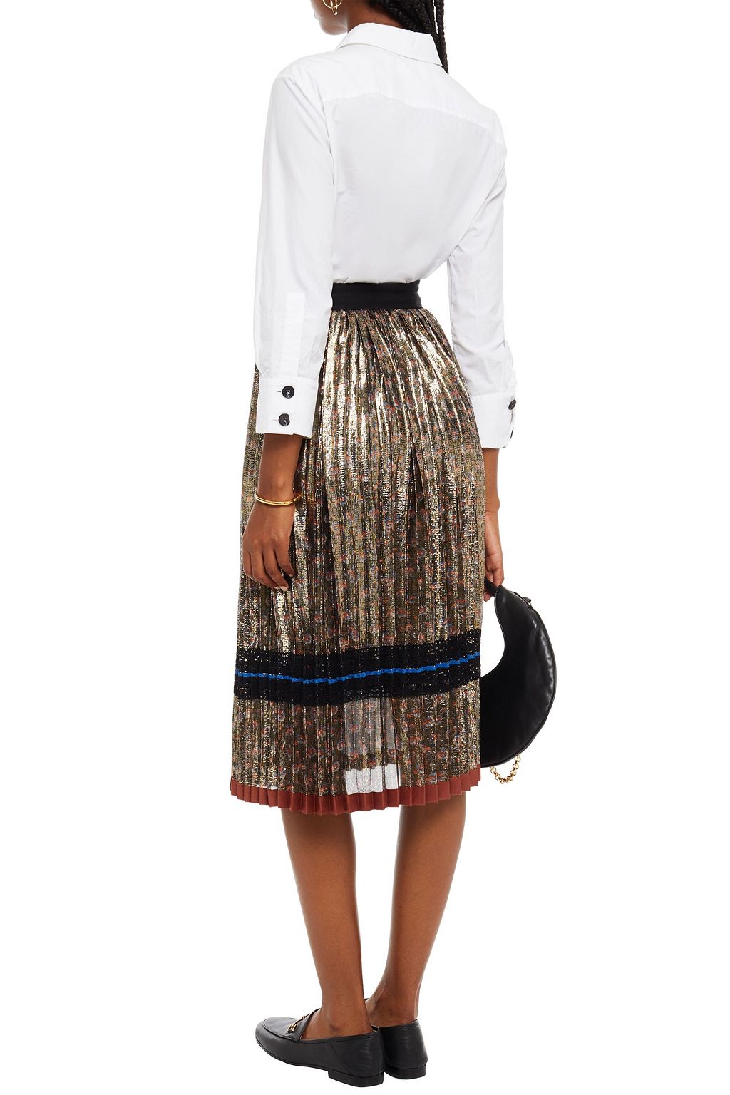 COACH Lace-trimmed pleated floral-print silk-blend lamé midi skirt