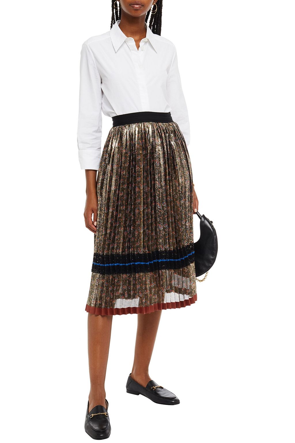 COACH Lace-trimmed pleated floral-print silk-blend lamé midi skirt