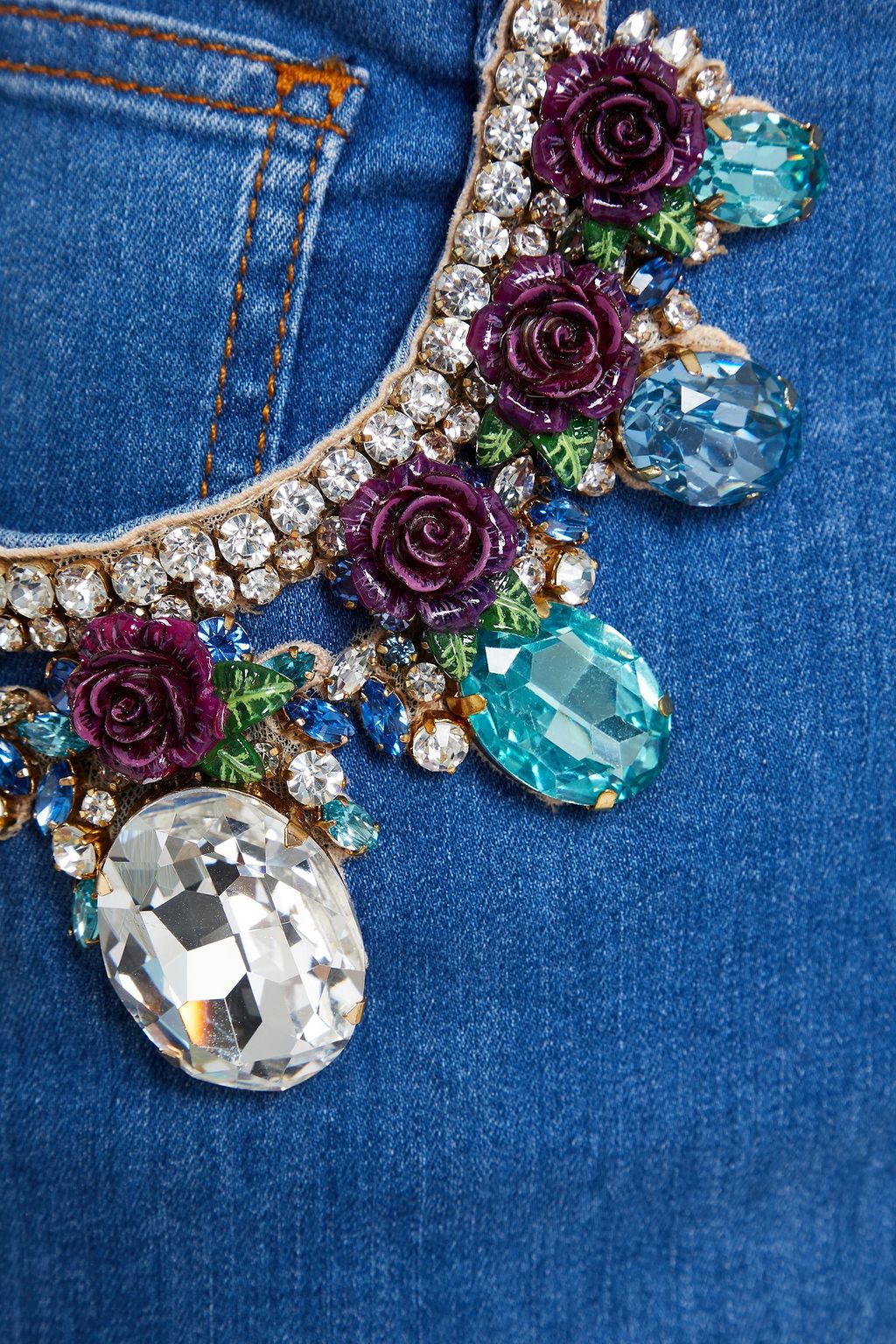 DOLCE&GABBANA Crystal-embellished floral-appliquéd denim mini skirt