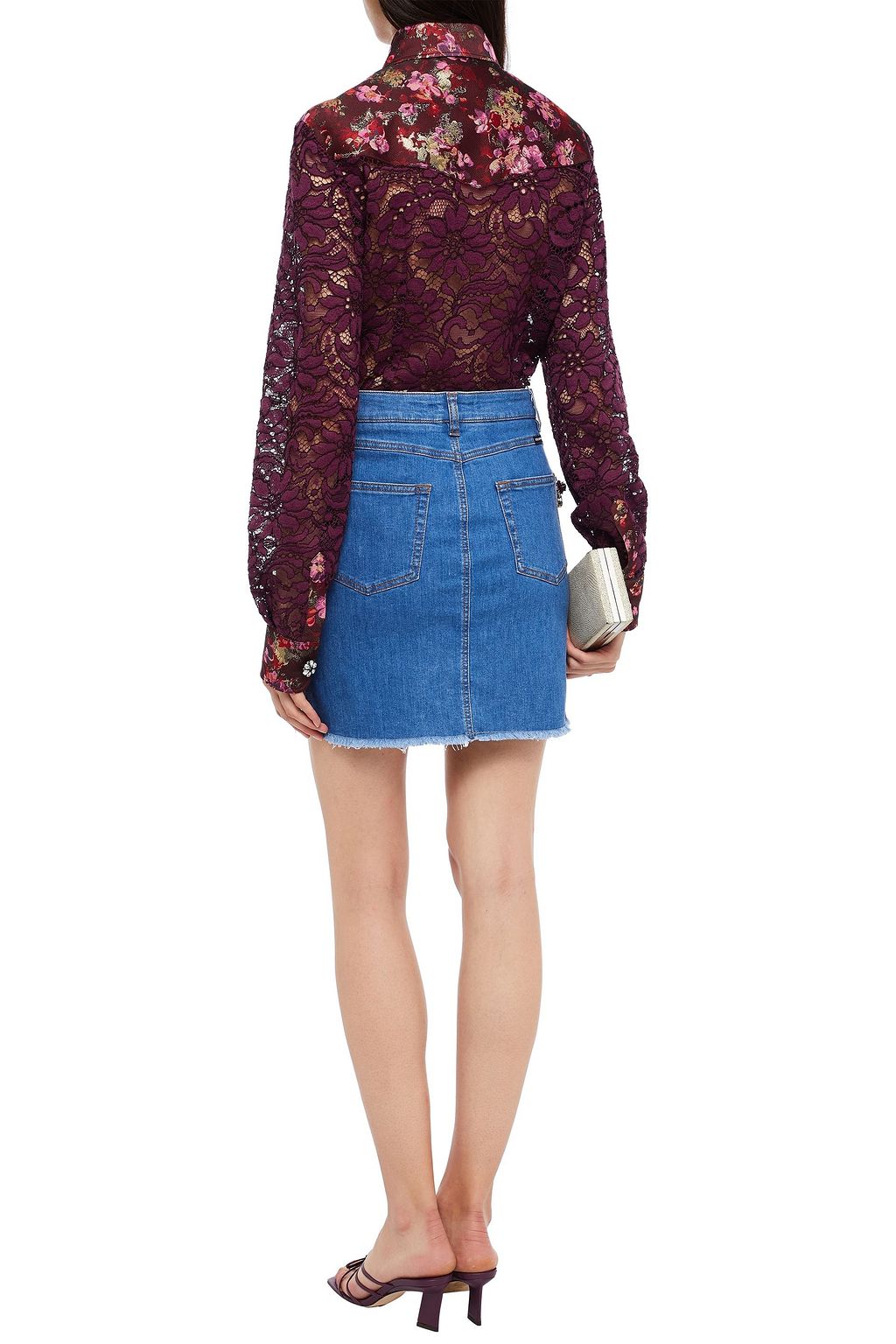 DOLCE&GABBANA Crystal-embellished floral-appliquéd denim mini skirt