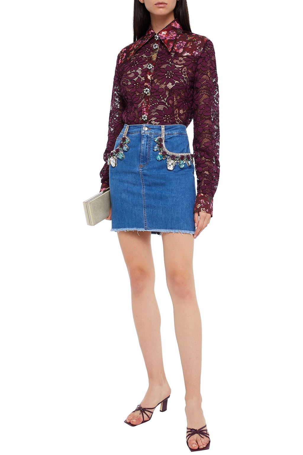 DOLCE&GABBANA Crystal-embellished floral-appliquéd denim mini skirt