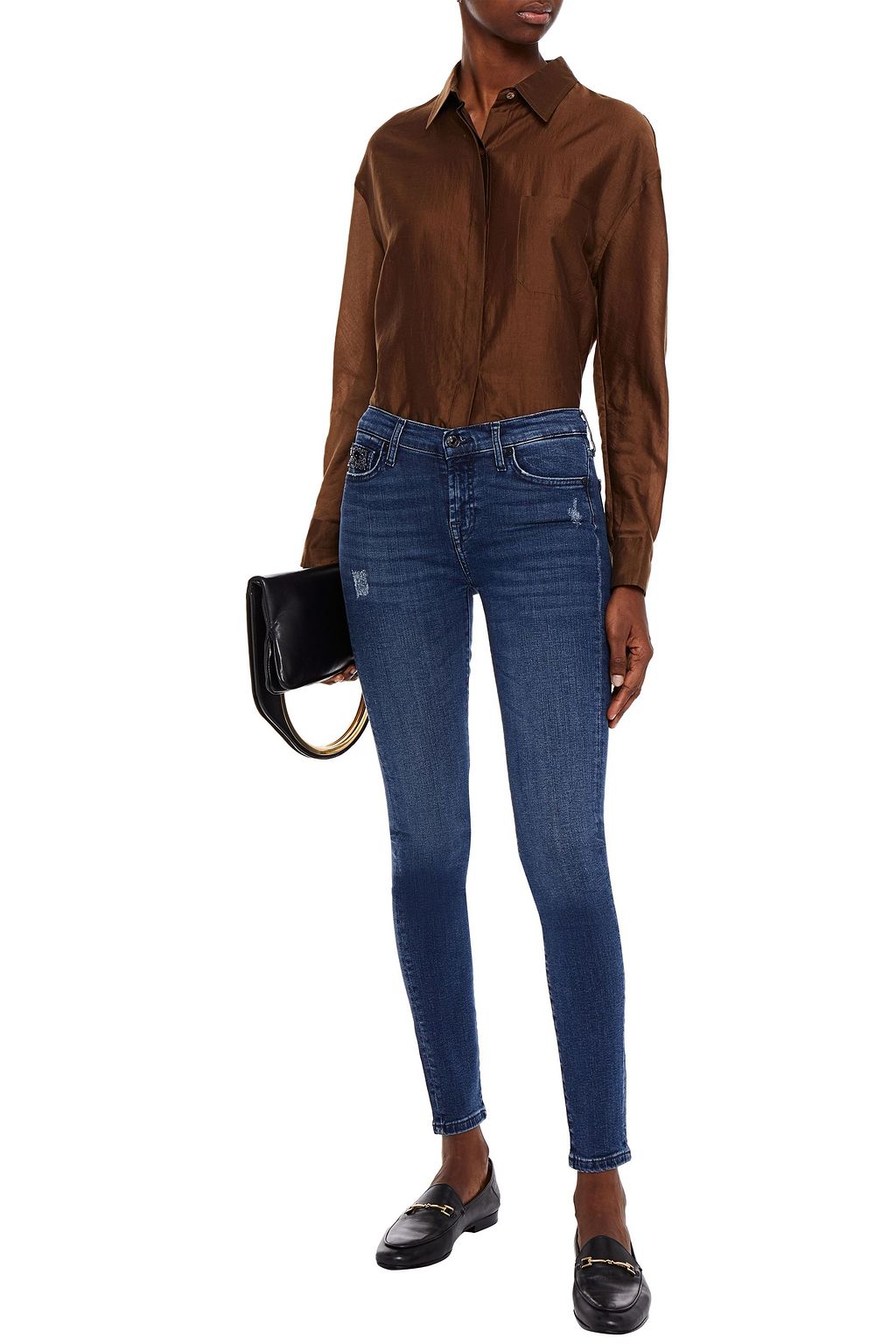 7 FOR ALL MANKIND Embellished distressed mid-rise skinny jeans
