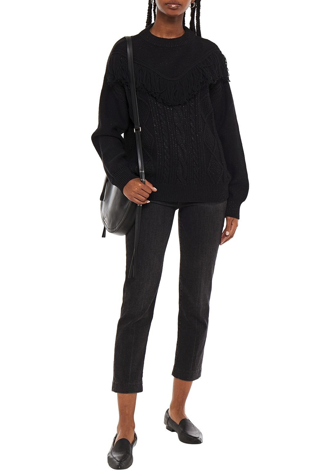 7 FOR ALL MANKIND Fringed metallic cable-knit wool-blend sweater