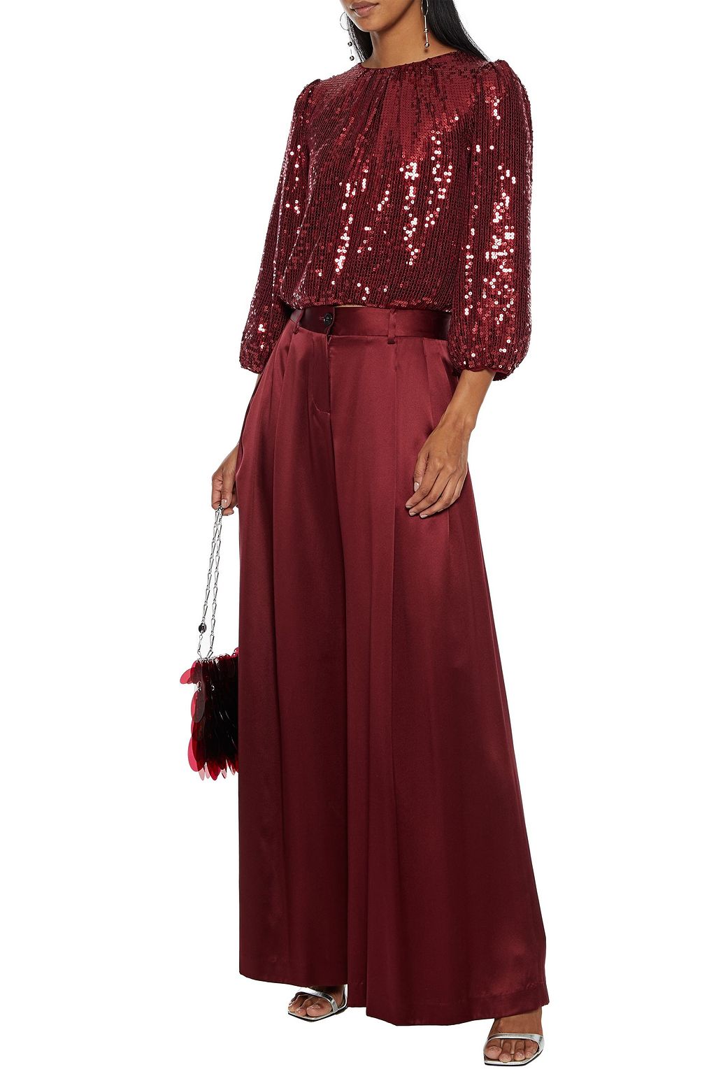 ALICE + OLIVIA Avila cropped gathered sequined chiffon blouse