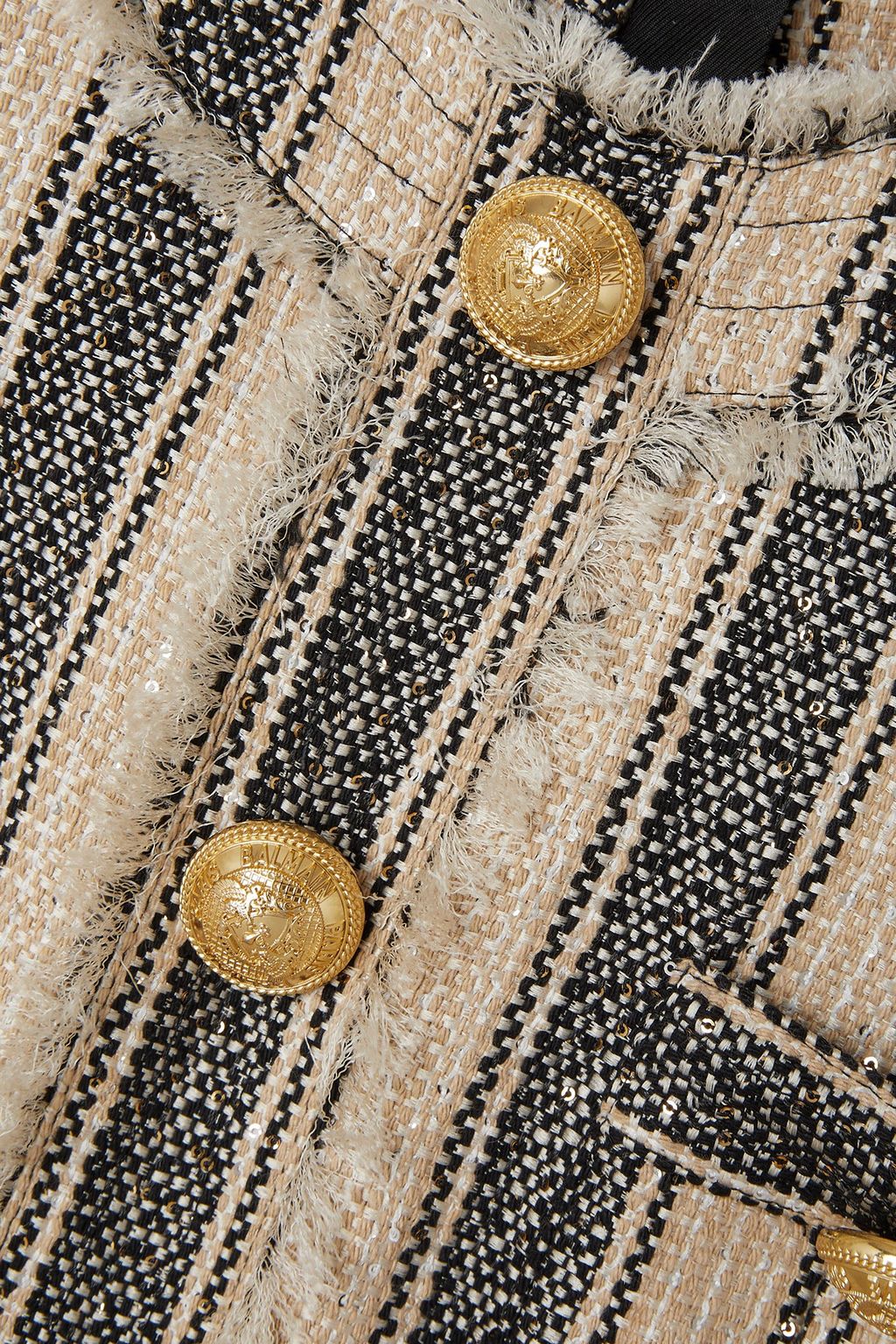 BALMAIN Embellished striped tweed mini dress