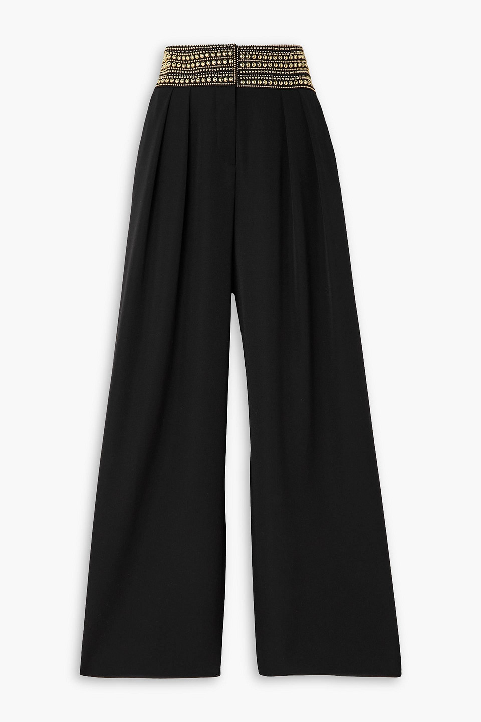 Balmain Studded Grain De Poudre Wool Wide-leg Pants In Black