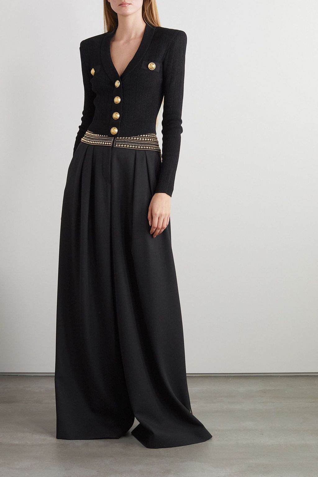 BALMAIN Studded grain de poudre wool wide-leg pants