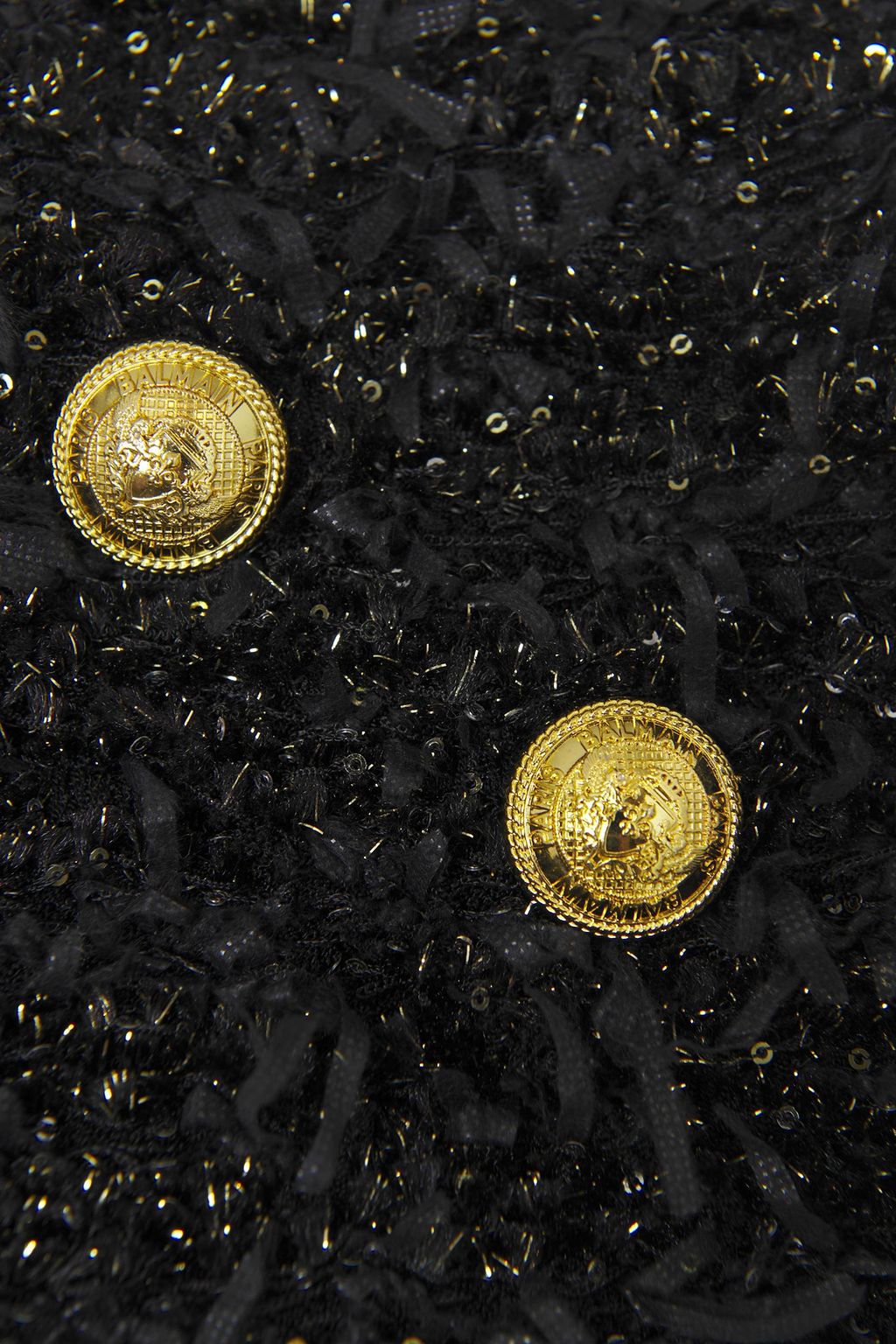 BALMAIN 버튼 장식 메탈릭 부클레 트위드 미니 드레스