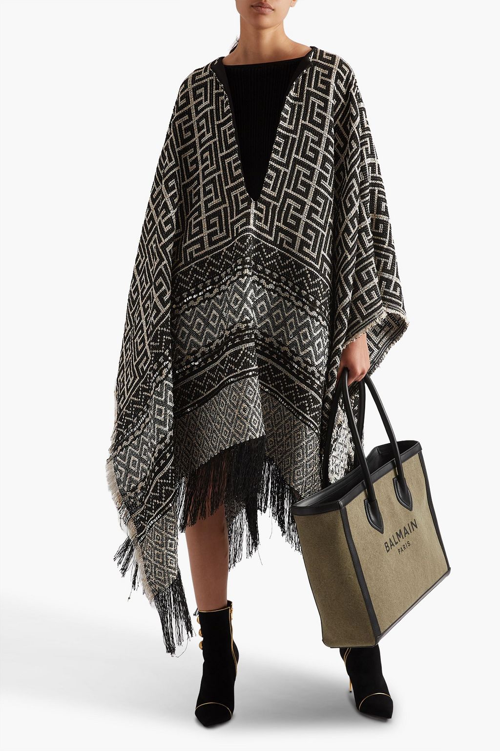BALMAIN ジャカード ポンチョ メタリック フリンジ付き