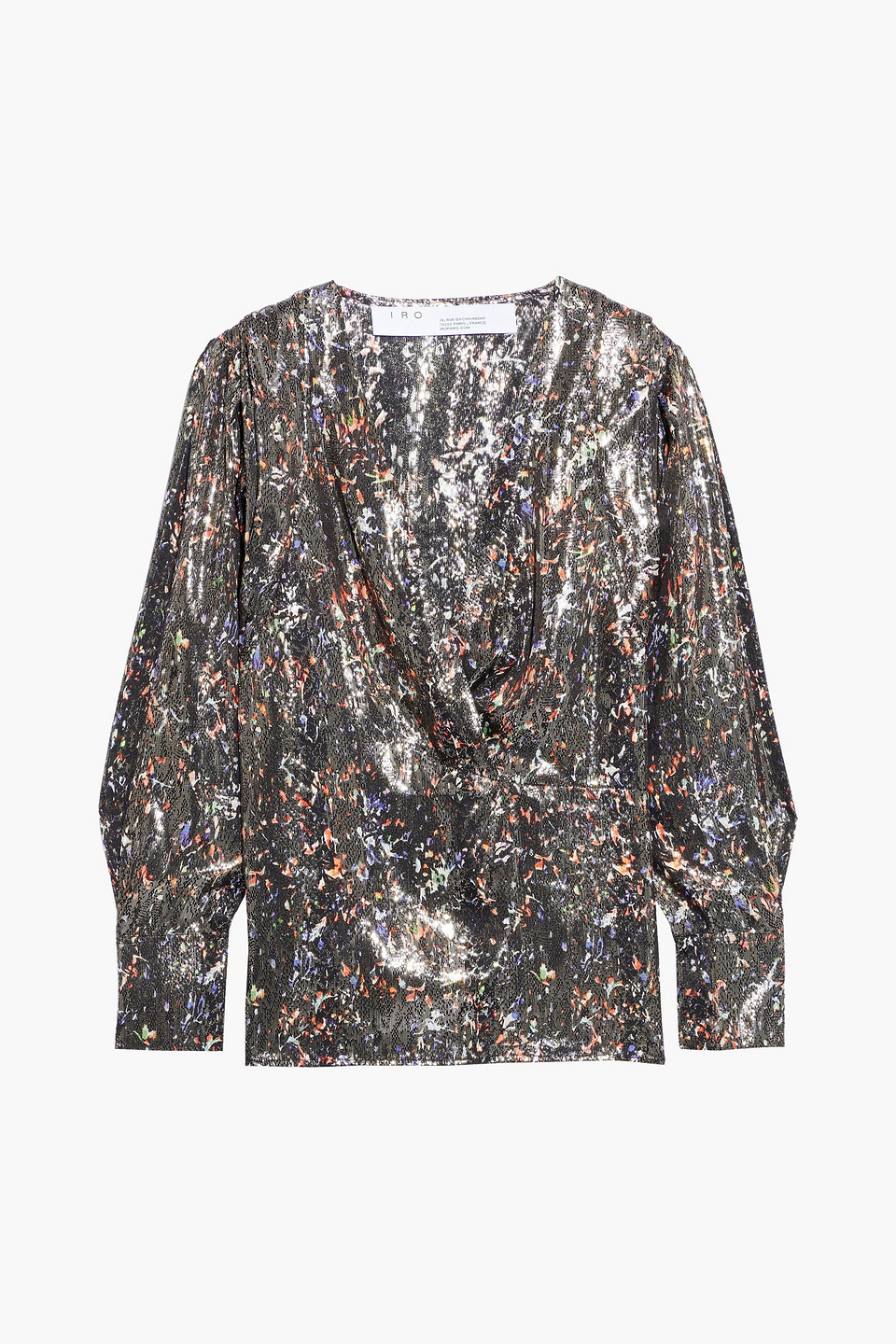 iro - milana wrap-effect printed silk-blend lamé blouse - metallic - fr 38