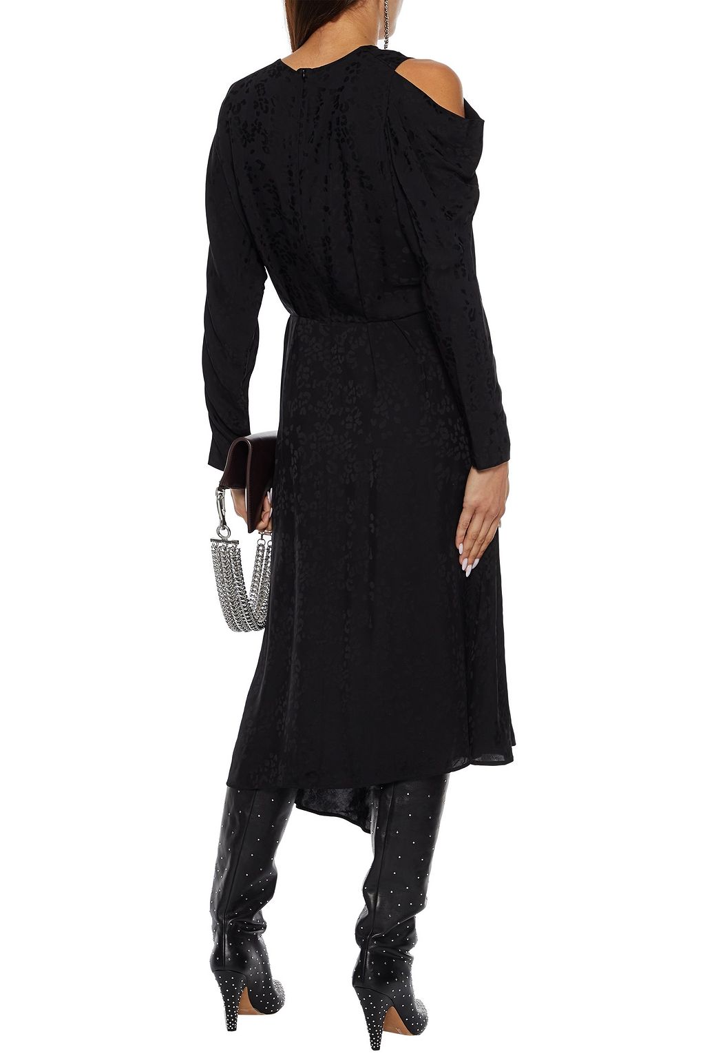 IRO Atry asymmetric cold-shoulder satin-jacquard midi dress