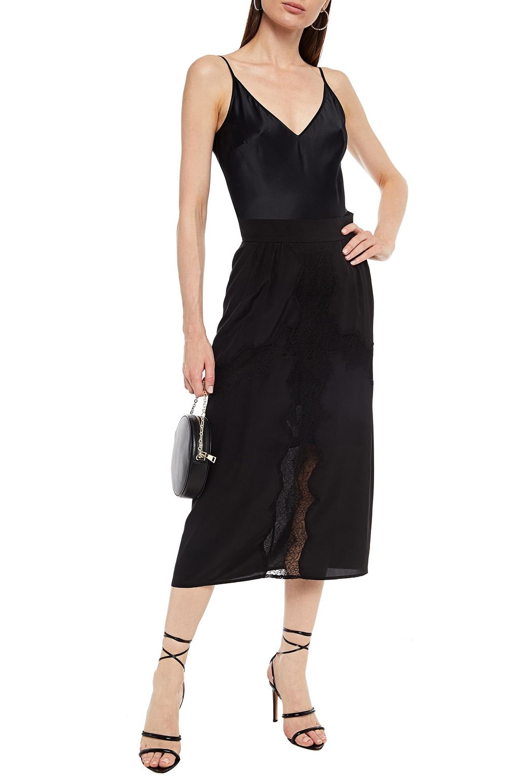 IRO Lace-trimmed silk crepe de chine midi skirt