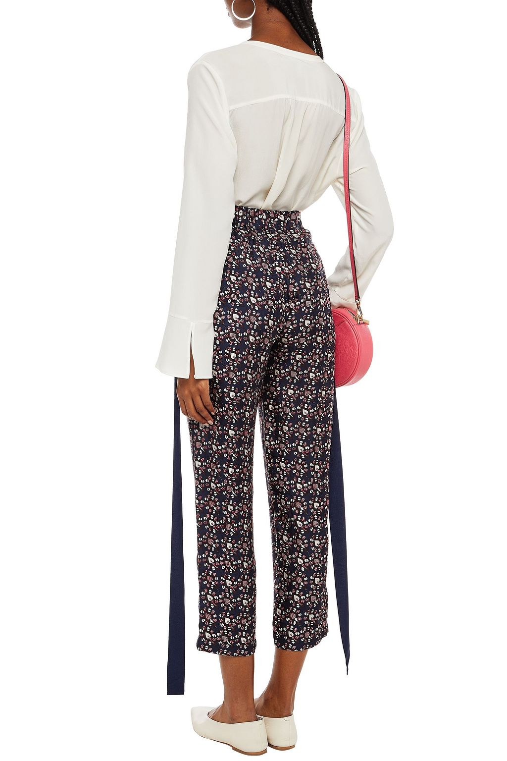 RAQUEL ALLEGRA Cropped grosgrain-trimmed printed silk-twill tapered pants