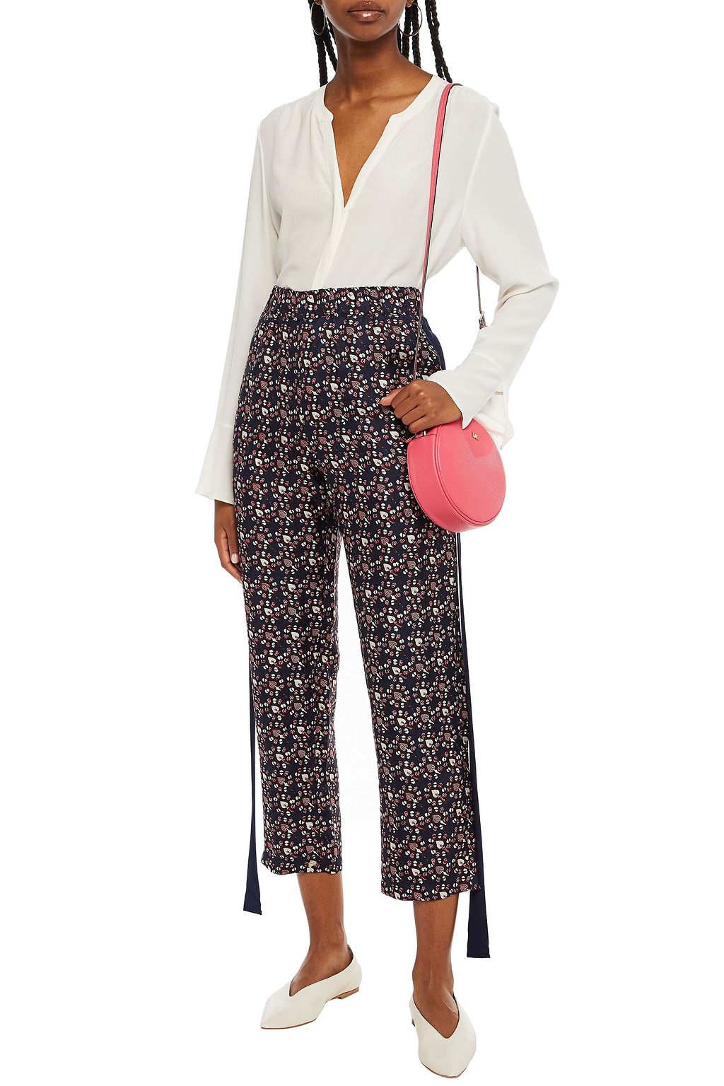 RAQUEL ALLEGRA Cropped grosgrain-trimmed printed silk-twill tapered pants