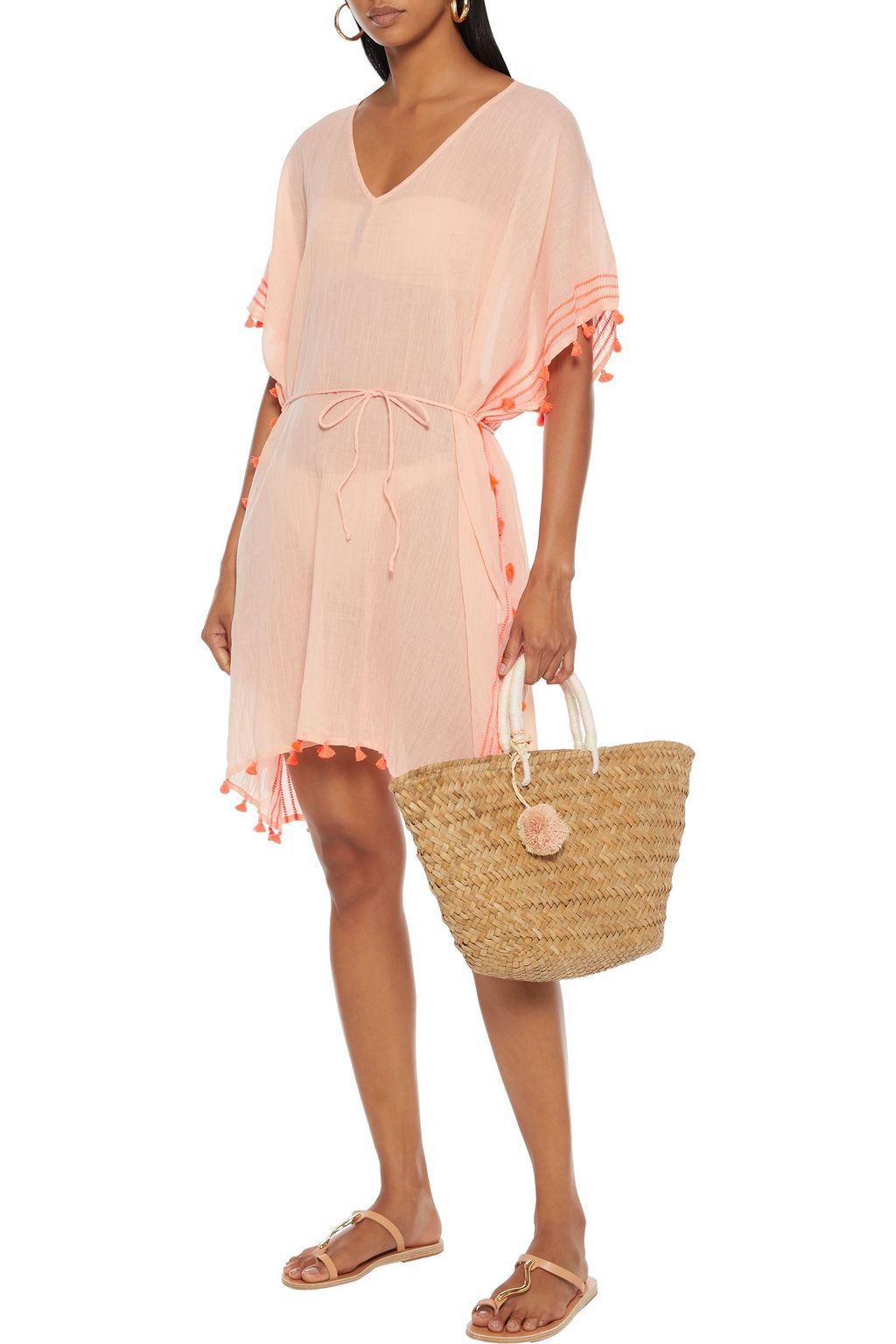 SEAFOLLY Belted tassel-trimmed crinkled cotton-gauze kaftan