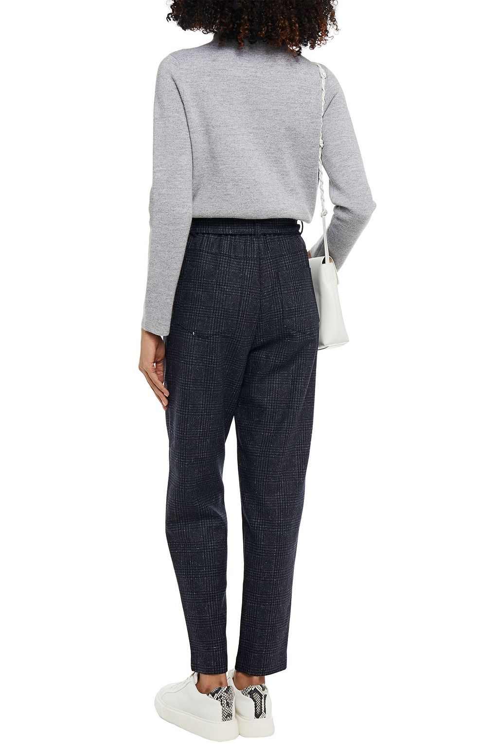 MAJE Belted checked brushed wool-blend tapered pants