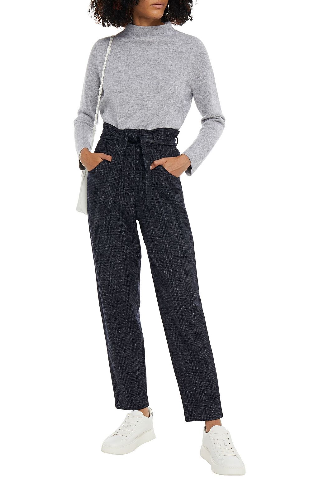 MAJE Belted checked brushed wool-blend tapered pants