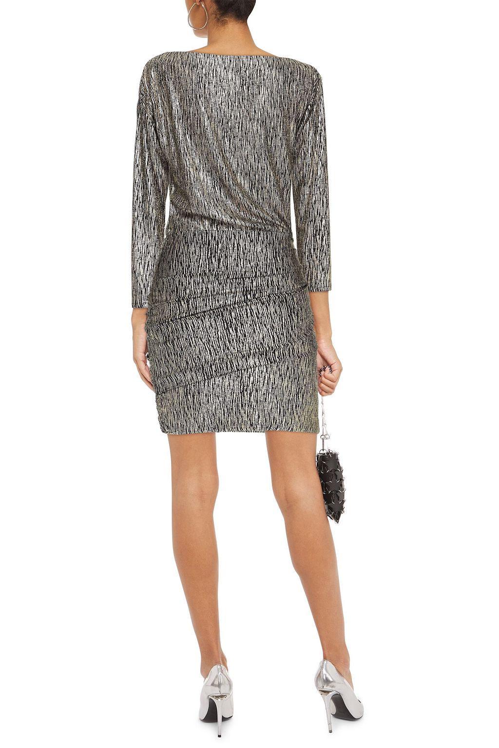 MAJE Ruched metallic stretch-knit mini dress