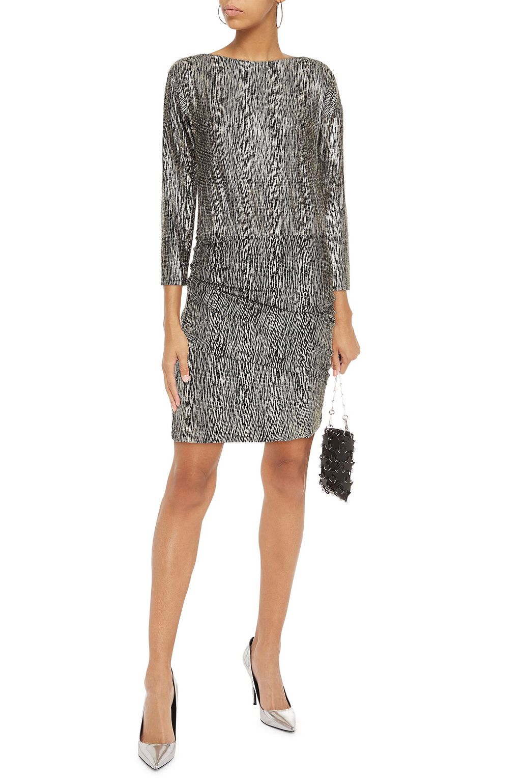 MAJE Ruched metallic stretch-knit mini dress